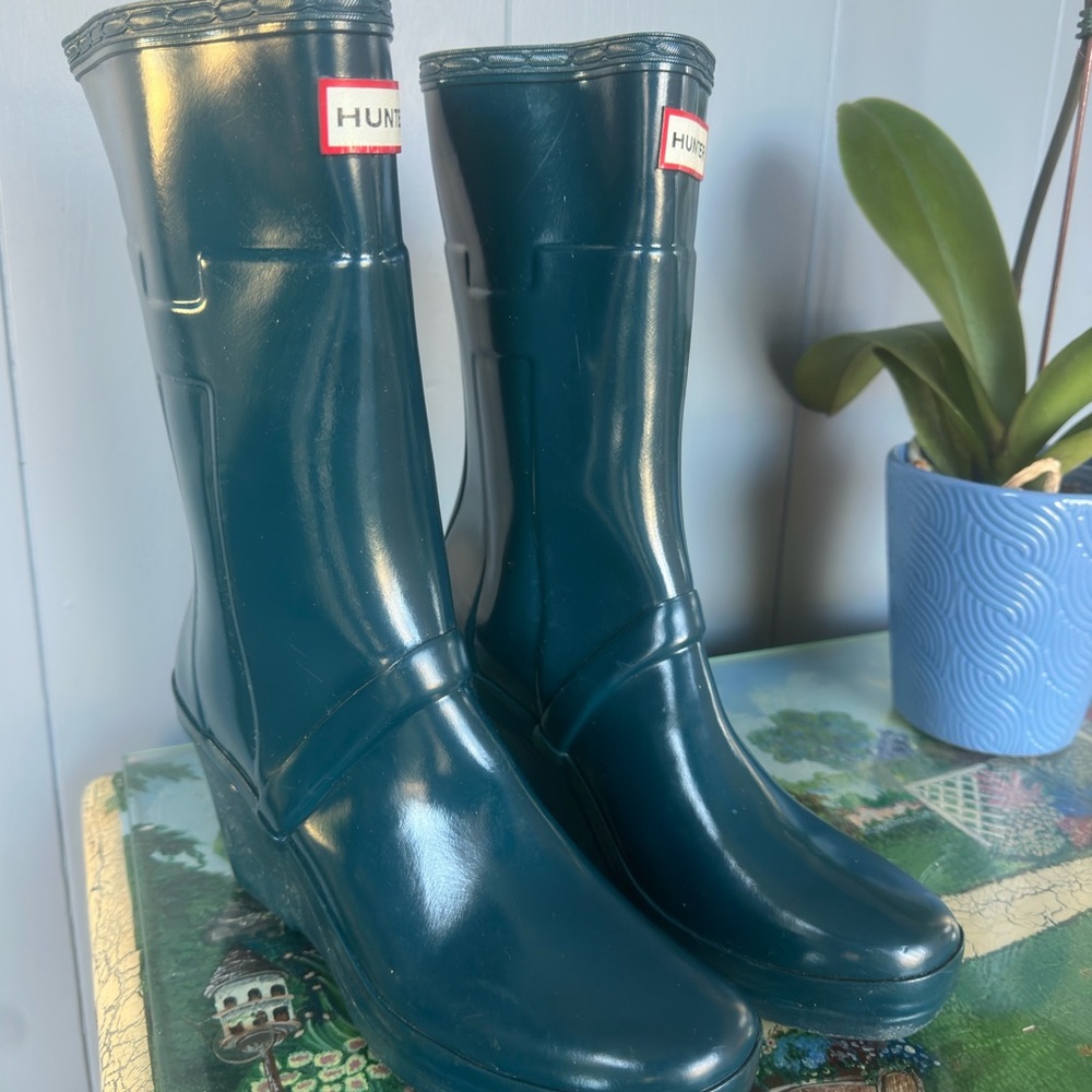 Hunter Kellen Wedge Rain Boots Dark Navy Teal Blue Sz US 7